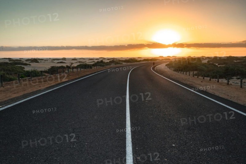 Empty asphalt road through the desert or dunes. Sunrise over the road