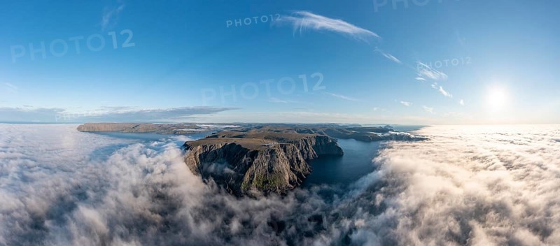 Panorama of the cliffs of the North Cape with foggy atmosphere