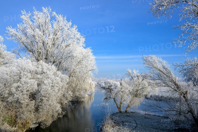 River landscape with hoarfrost and ice