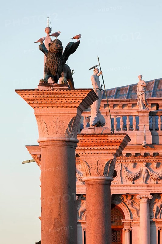 Piazzetta San Marco: St Mark's and Theodore's Column in front of the statues of the Bibliotheca National Marciana