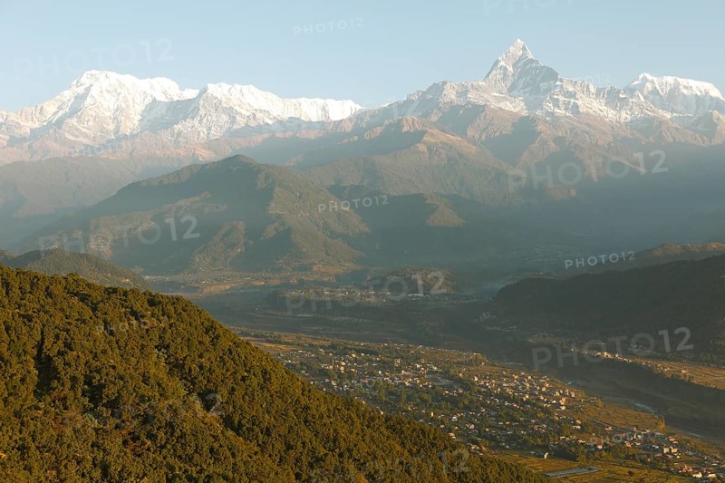View of the Annapurna mountain range in the Himalayas from Sarangkot