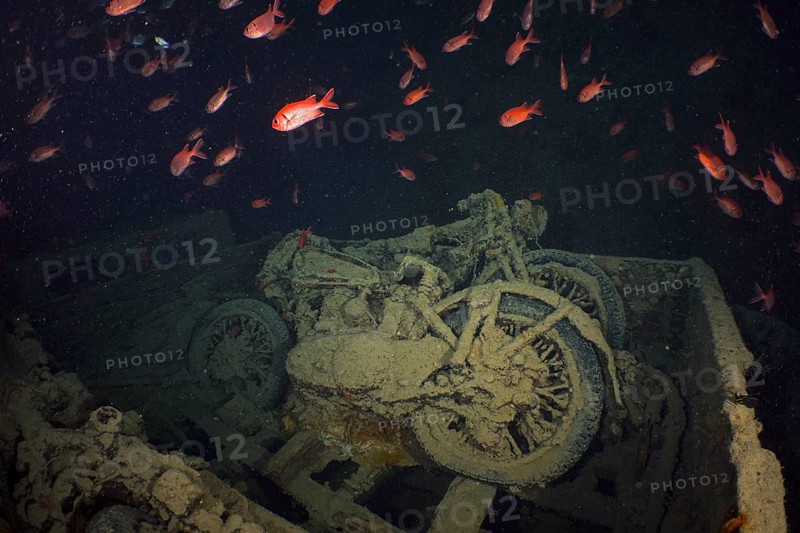 Motorbikes from the Second World War in the hold of the Thistlegorm. Dive site Thistlegorm wreck