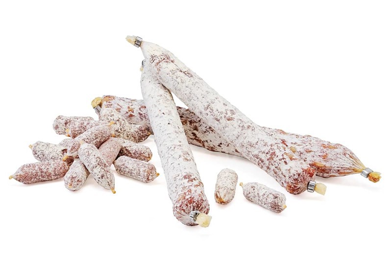 Assortment of fermented sausage covered with white mold