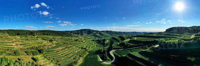 Aerial view of the Texas Pass at the Kaiserstuhl with a view of the vineyards. Oberbergen