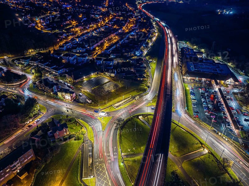 Night over Penn Inn Flyover and Roundabout in Newton Abbot from a drone