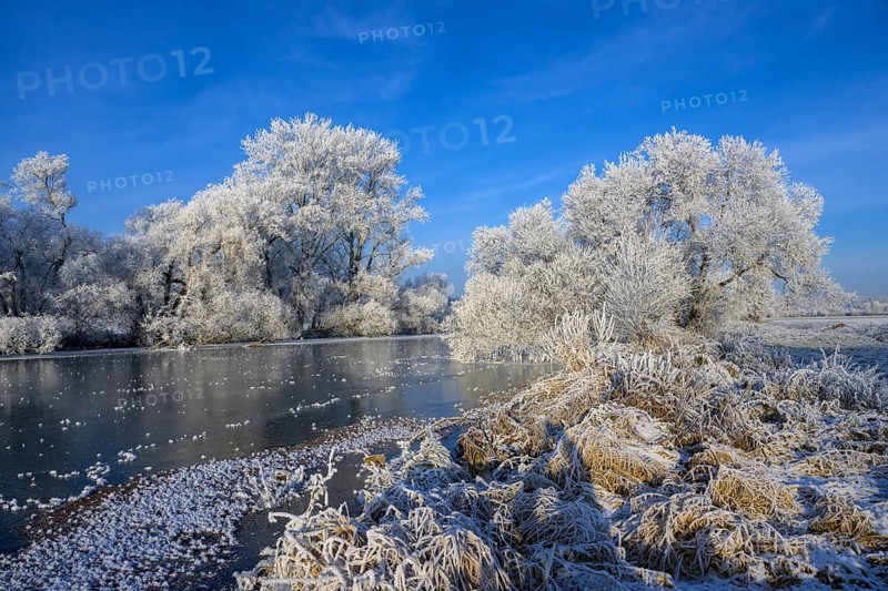 River landscape with hoarfrost and ice