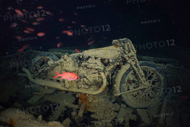 World War II motorbike in the hold of the Thistlegorm. Dive site Wreck of the Thistegorm