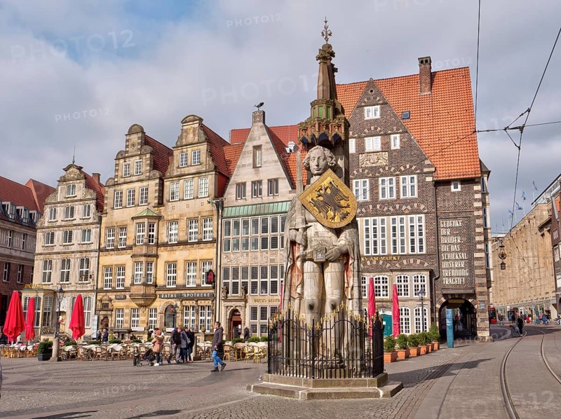 Bremen market square with the surrounding old buildings of the old town and with UNESCO World Heritage Site Bremer Roland