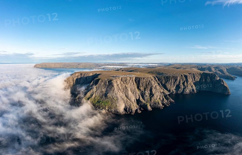 Panorama of the cliffs of the North Cape with foggy atmosphere