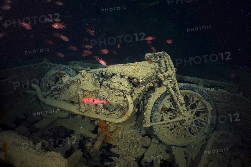 World War II motorbike in the hold of the Thistlegorm. Dive site Thistlegorm wreck
