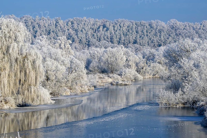 River landscape with hoarfrost and ice