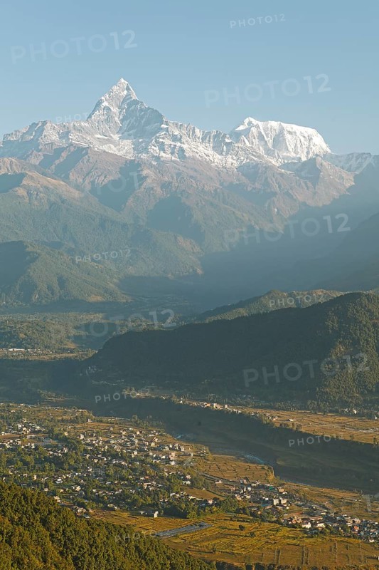 View of the Annapurna mountain range in the Himalayas from Sarangkot