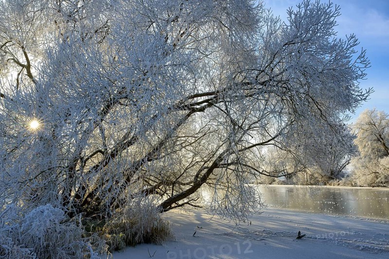 River landscape with hoarfrost and ice