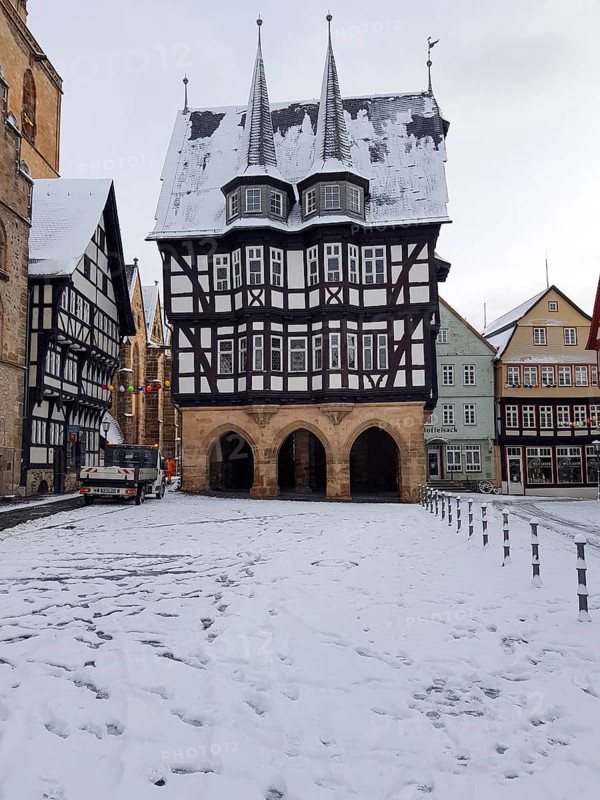 Half-timbered town hall in the snow