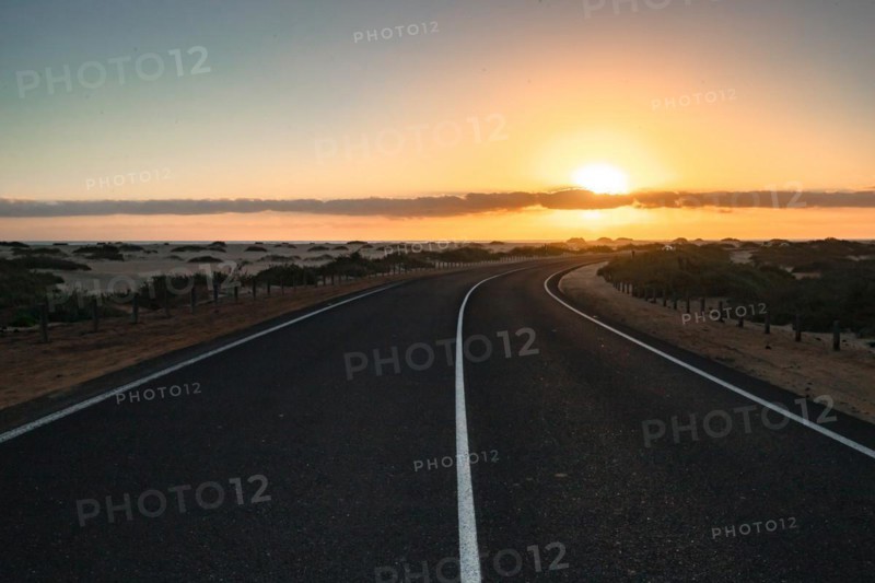 Empty asphalt road through the desert or dunes. Sunrise over the road