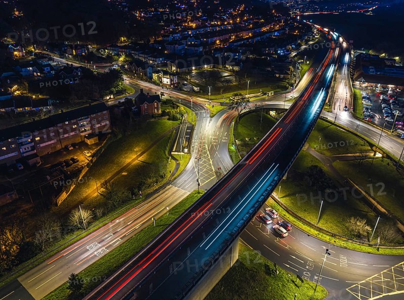 Night over Penn Inn Flyover and Roundabout in Newton Abbot from a drone