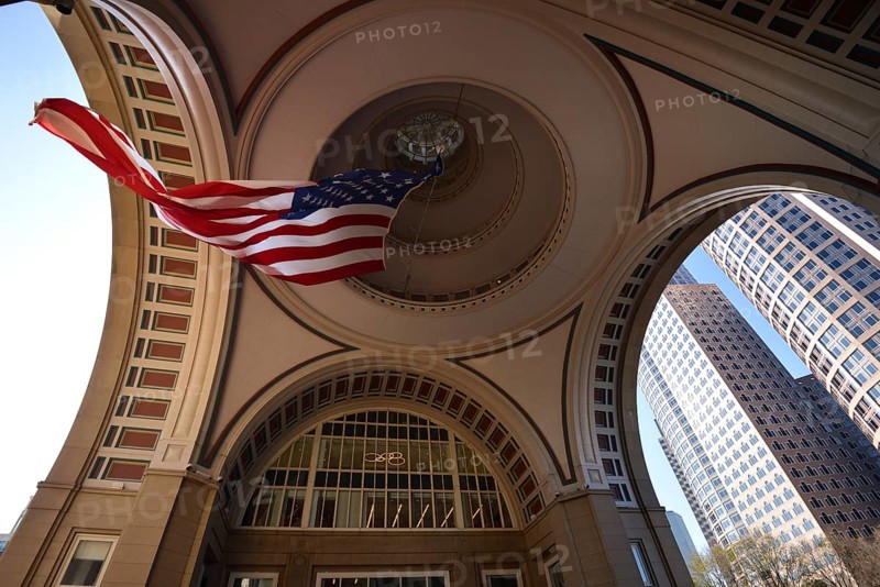American flag in the arch of Rowes Wharf