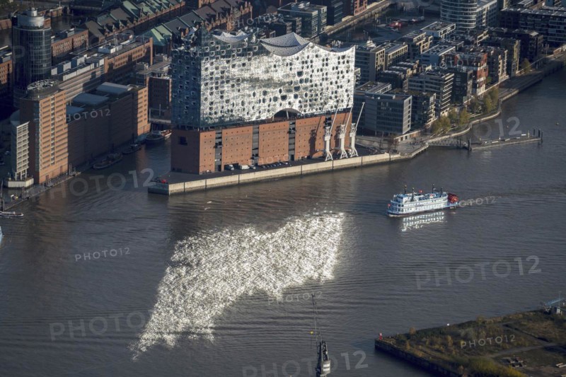 Aerial view of the Elbe Philharmonic Hall with reflection in the Elbe