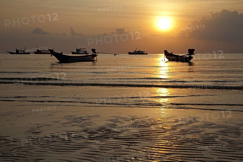 Thai fishing boats silhouetted against sunset