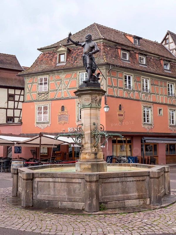 Schwendi Fountain on the Pl. de lAncienne Douane square with bronze statue of General Lazarus von Schwendi