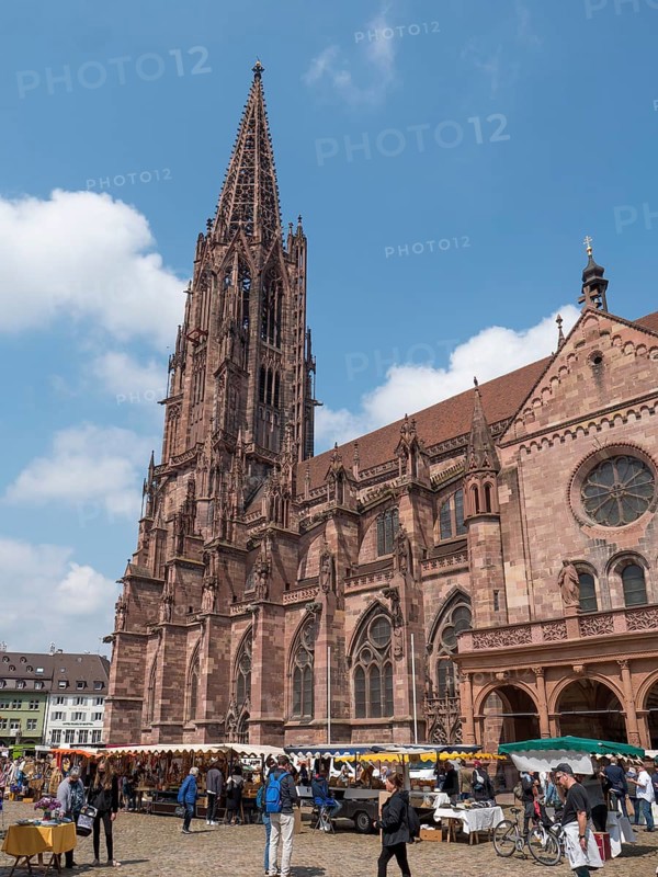 Catholic city parish church Freiburger Muenster with stalls next to it