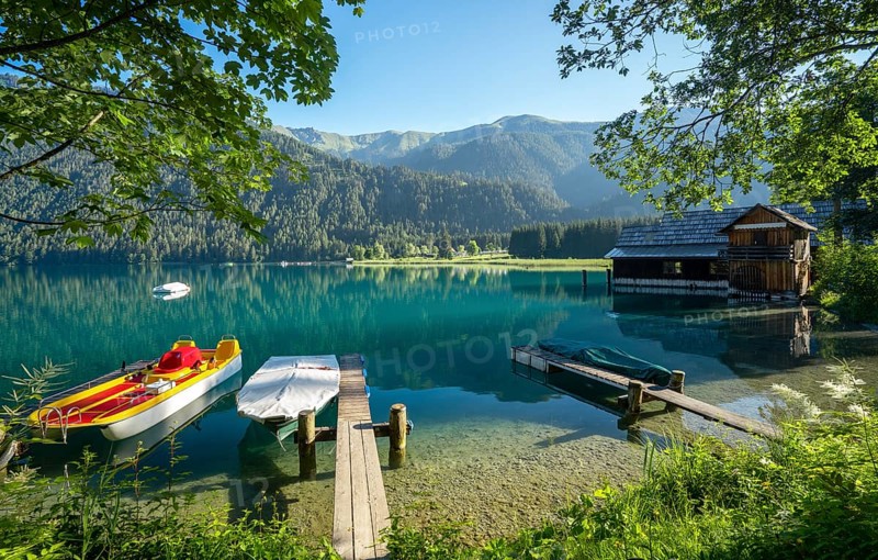 Rowing boats and boathouse with trees