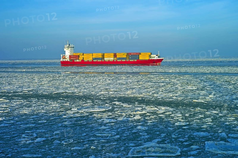 Container freighter on the Lower Elbe near Cuxhaven