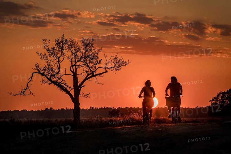 Young couple cycling in the countryside at dusk