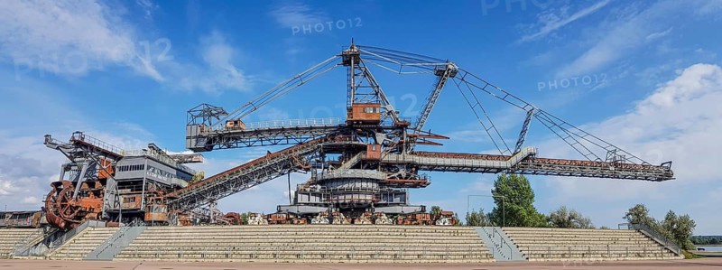 Panoramic photo of lignite excavator giants at the Ferropolis Industrial Heritage Open-Air Museum