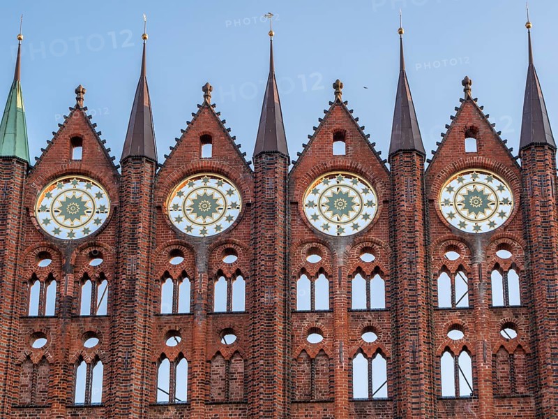 Gothic brick building Town Hall of the Hanseatic City of Stralsund at the Old Market