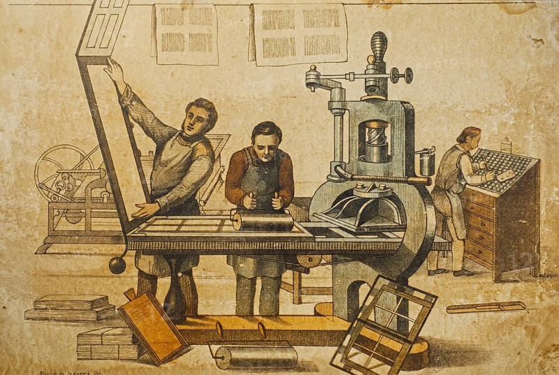 19th century typesetter and printers working with Stanhope cast iron printing press in print shop