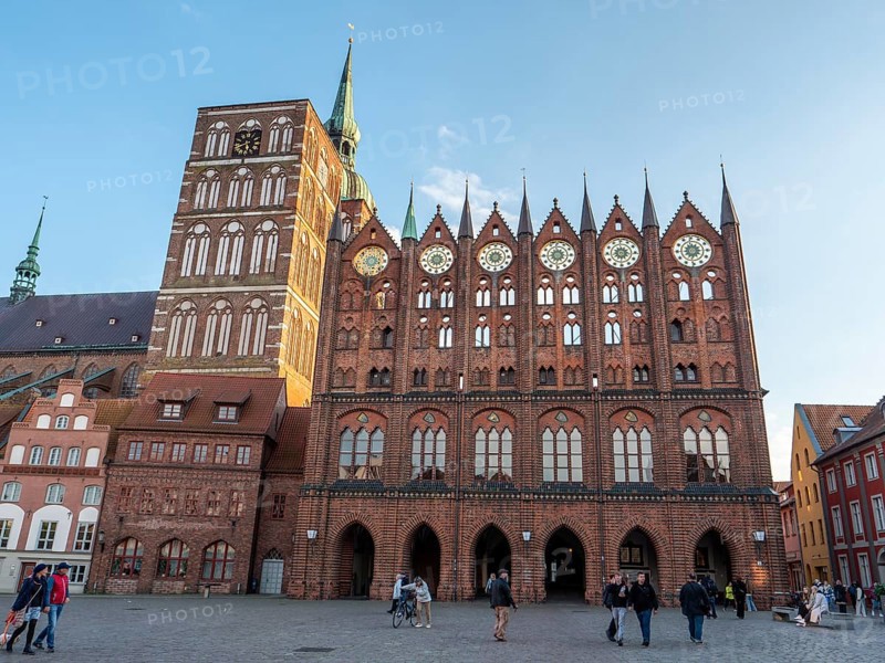 Gothic brick building Town Hall of the Hanseatic City of Stralsund at the Old Market