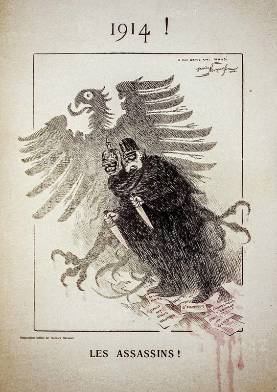 French vintage WWI propaganda cartoon from 1914 showing two German soldiers with big butcher knives from the First World War One