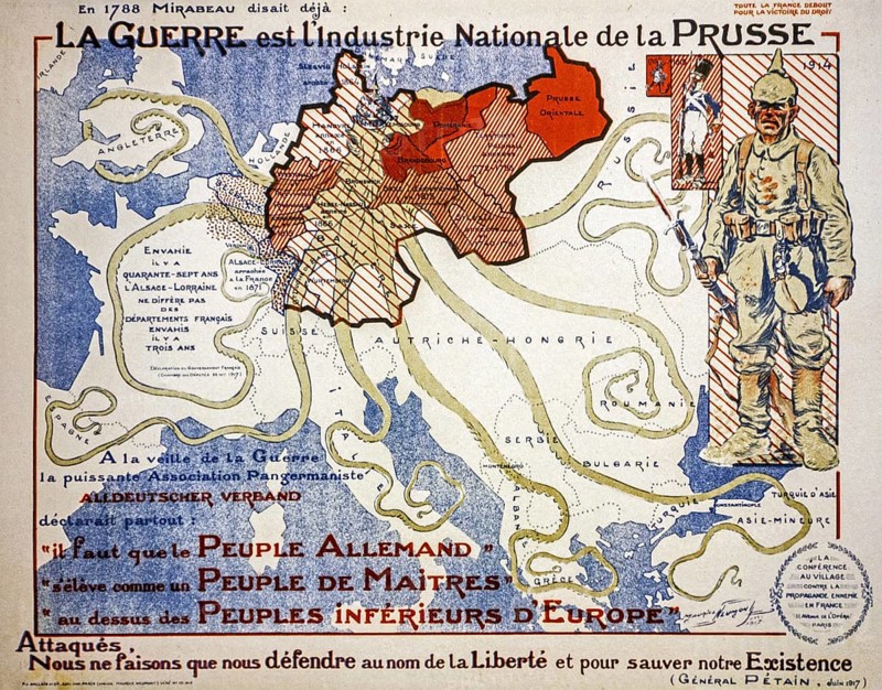 French vintage WWI propaganda map from 1917 showing German invasion as giant octopus during the First World War One
