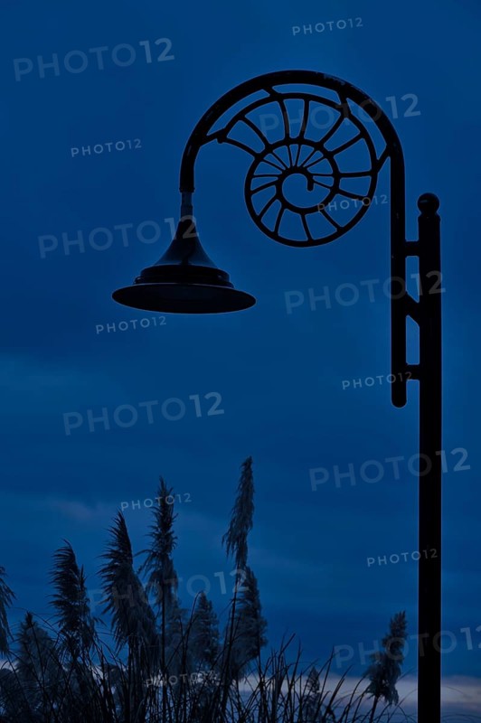 Ammonite-design streetlamp along the promenade at Lyme Regis