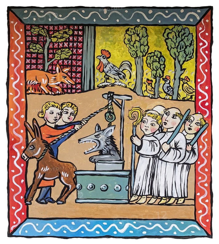 Medieval illustration of the Reynard the Fox fable showing the wolf Isengrim