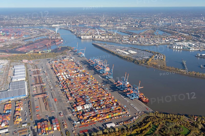 Aerial view of the Container Terminal Altenwerder behind it the city centre of Hamburg