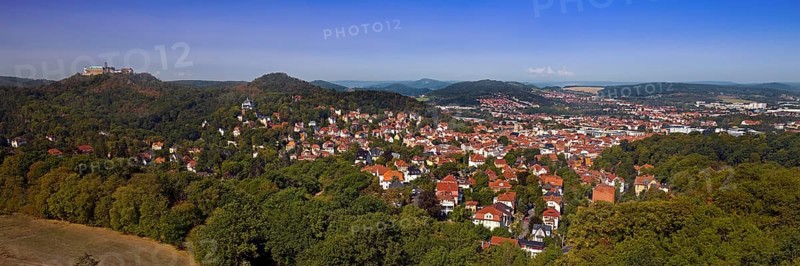 Panoramic view of Eisenach with the Thuringian Forest and Wartburg Castle from the Goepelskuppe