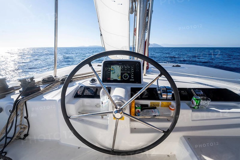 Steering wheel of a sailing catamaran while sailing