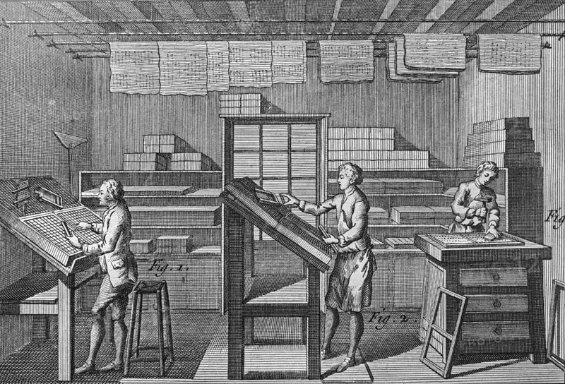 18th century typesetters arranging types called typesetting for letterpress printing in print shop