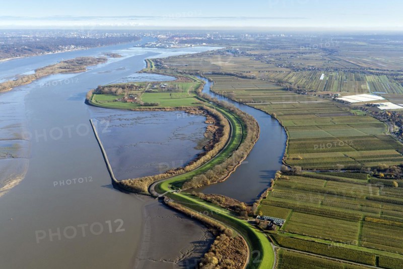 Aerial view of the Borsteler Binnenelbe runs parallel to the Elbe for about four kilometres behind the main dike and has two accesses to the Elbe protected by sieve structures