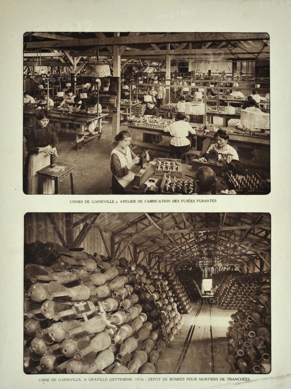 Workers filling shells in the Gaineville ammunition factory at Graville during World War One