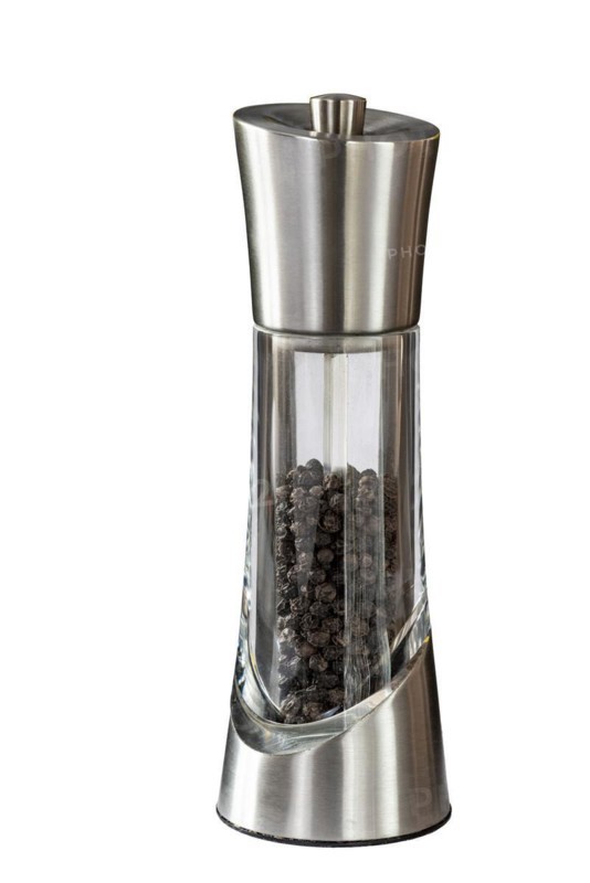 Stainless steel and glass pepper mill isolated on a white background