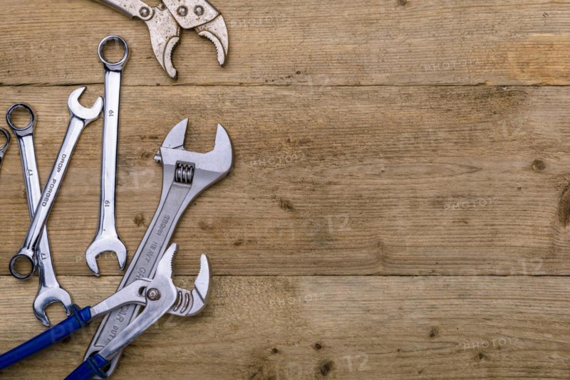 Overhead view of various spanners and wrenches