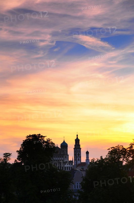View of Augsburg City Hall with Perlachturm at sunset