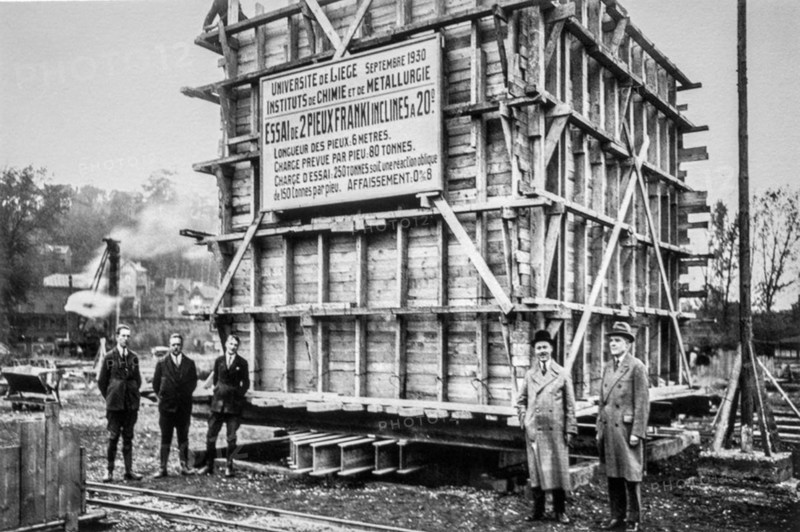 1930 photograph showing experiment with Franki piles and test load at the Liege university in Belgium