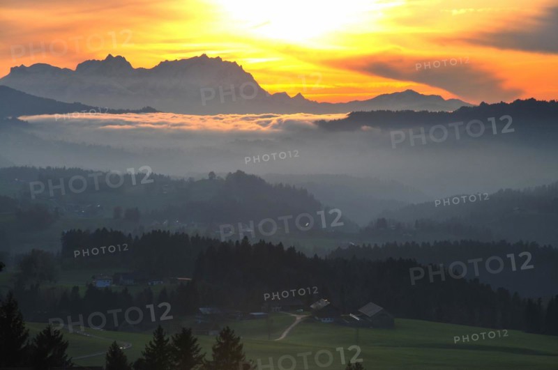 View from the high plateau of Hagspiel in the Allgaeu near Oberstaufen to the massif of the Saentis