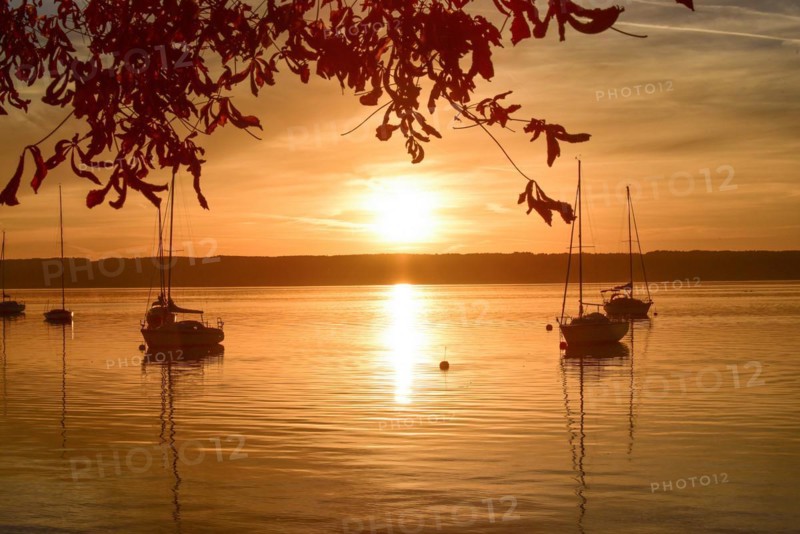 Sailing boats in the sunset in Herrschinger Bucht on Lake Lake Ammer