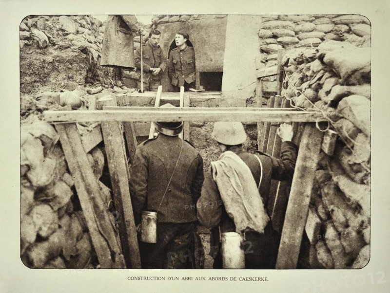 Soldiers at shelter in trench at Kaaskerke in Flanders during the First World War