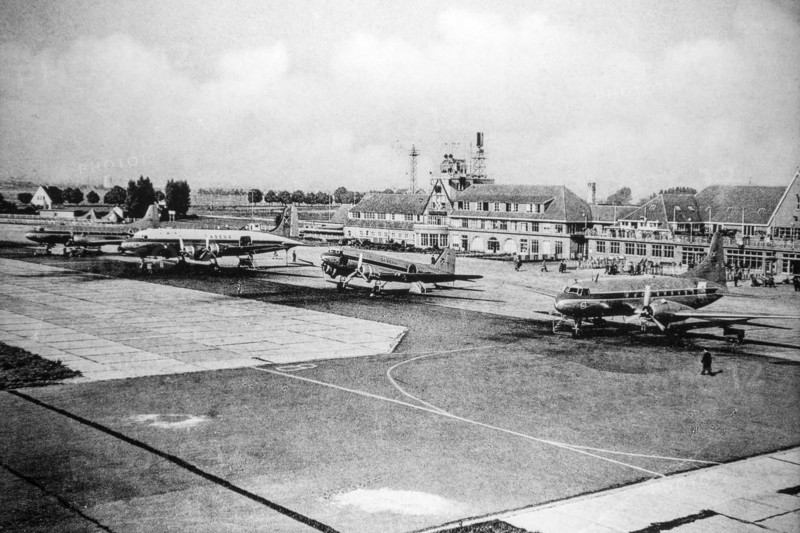 Archival picture of Douglas DC-3 fixed-wing propeller-driven airliners at Sabena airport in Melsbroek